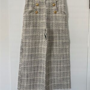 Zara Cream and Black Tweed Wide-Leg Cropped Pants with Gold Buttons
